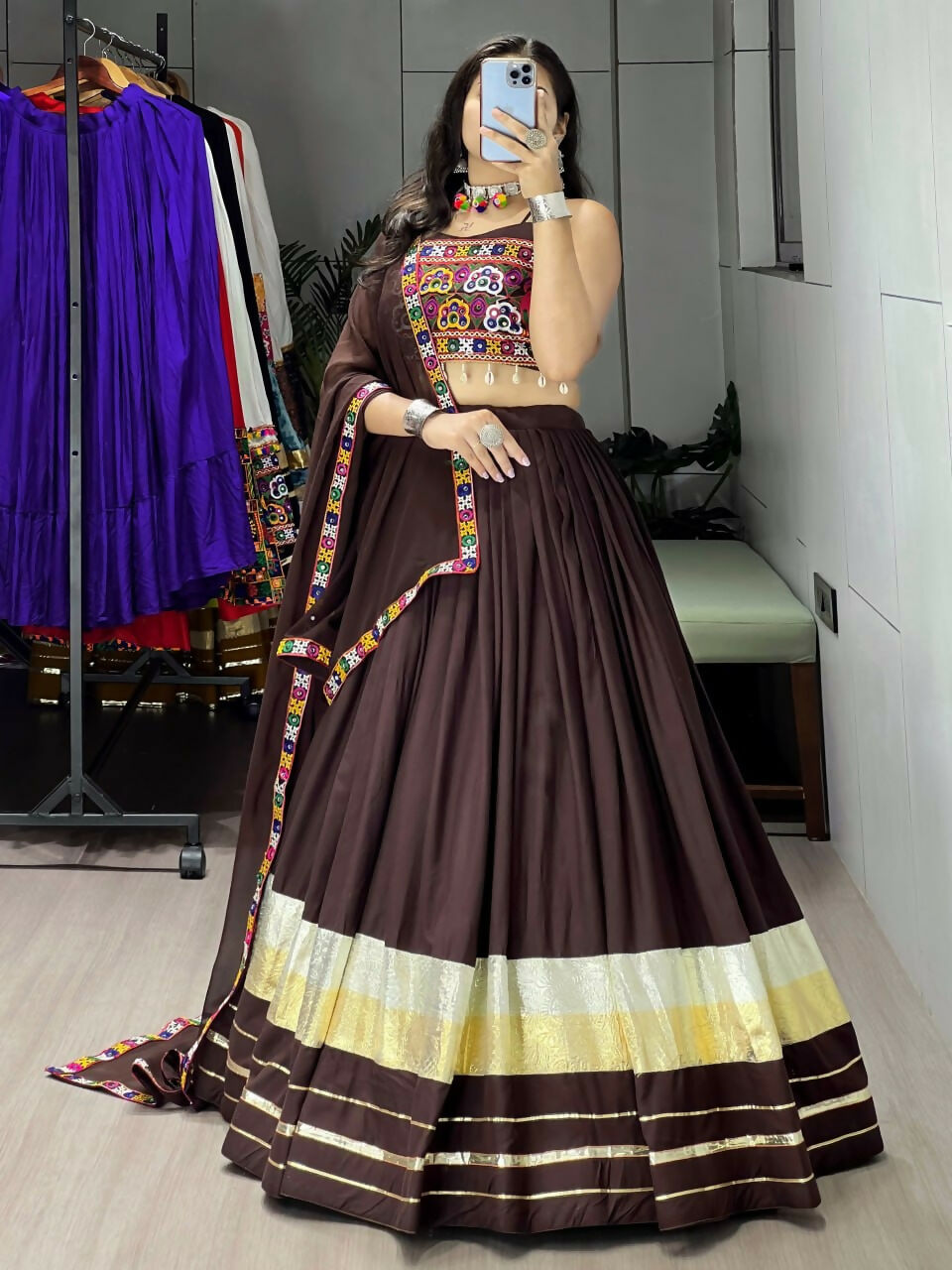 Yash Enterprise Brawn Rayon Cotton Embroidery Semi Stitched Navratri Top Chaniya Choli | Grocsy