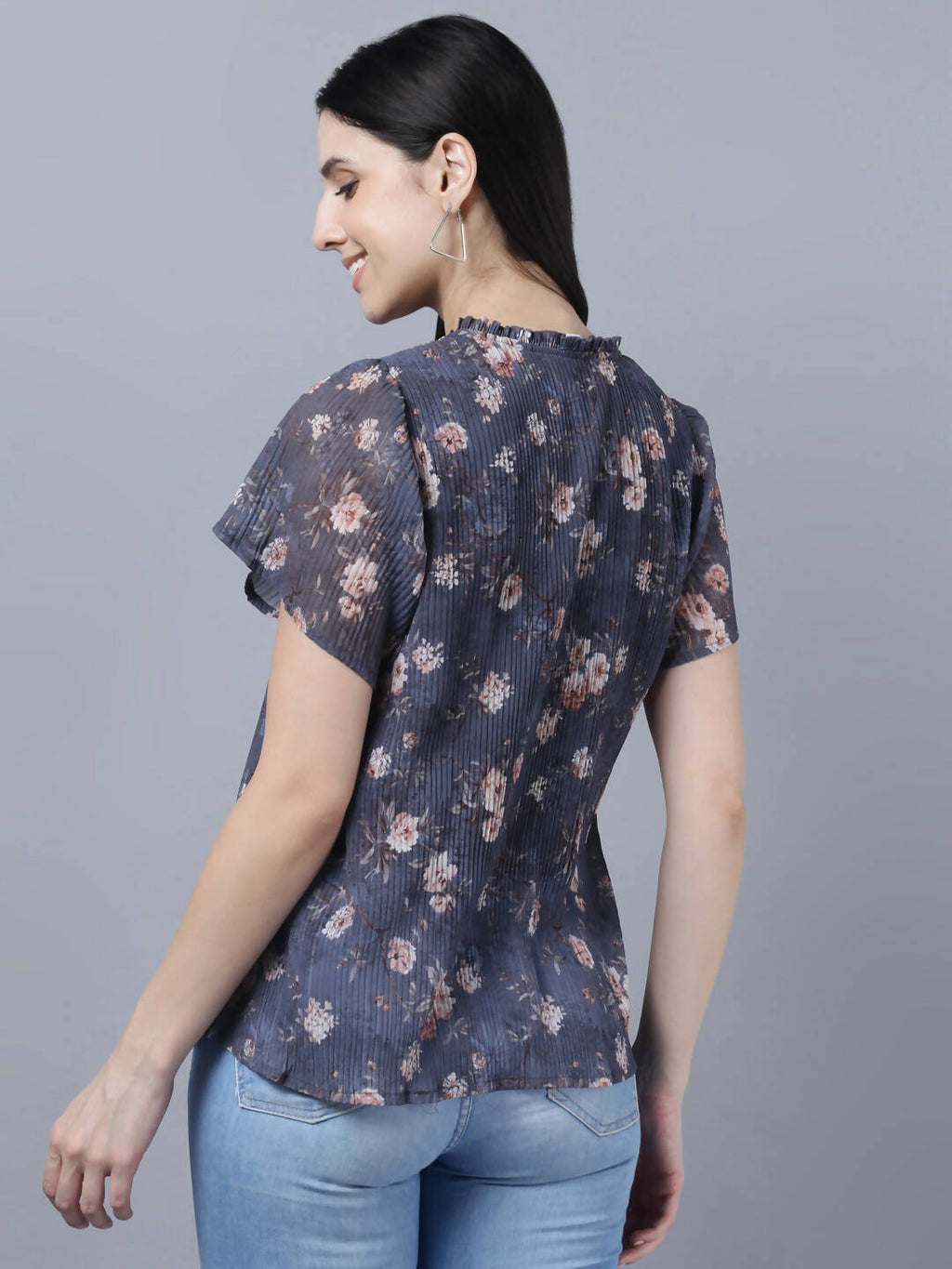 Myshka Women Charcoal Grey Peach-Coloured Floral Print Tie-Up Neck Georgette Top | Grocsy