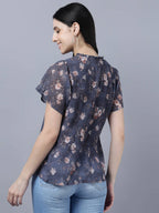 Myshka Women Charcoal Grey Peach-Coloured Floral Print Tie-Up Neck Georgette Top | Grocsy