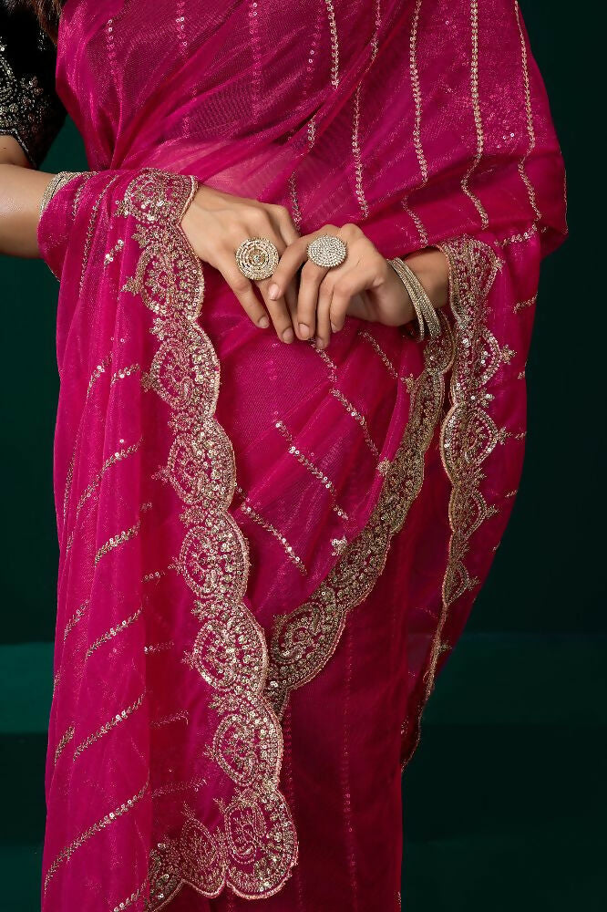 Joban Fashion Rani Pink Net Party Wear Sarees | Grocsy