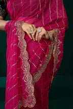 Joban Fashion Rani Pink Net Party Wear Sarees | Grocsy