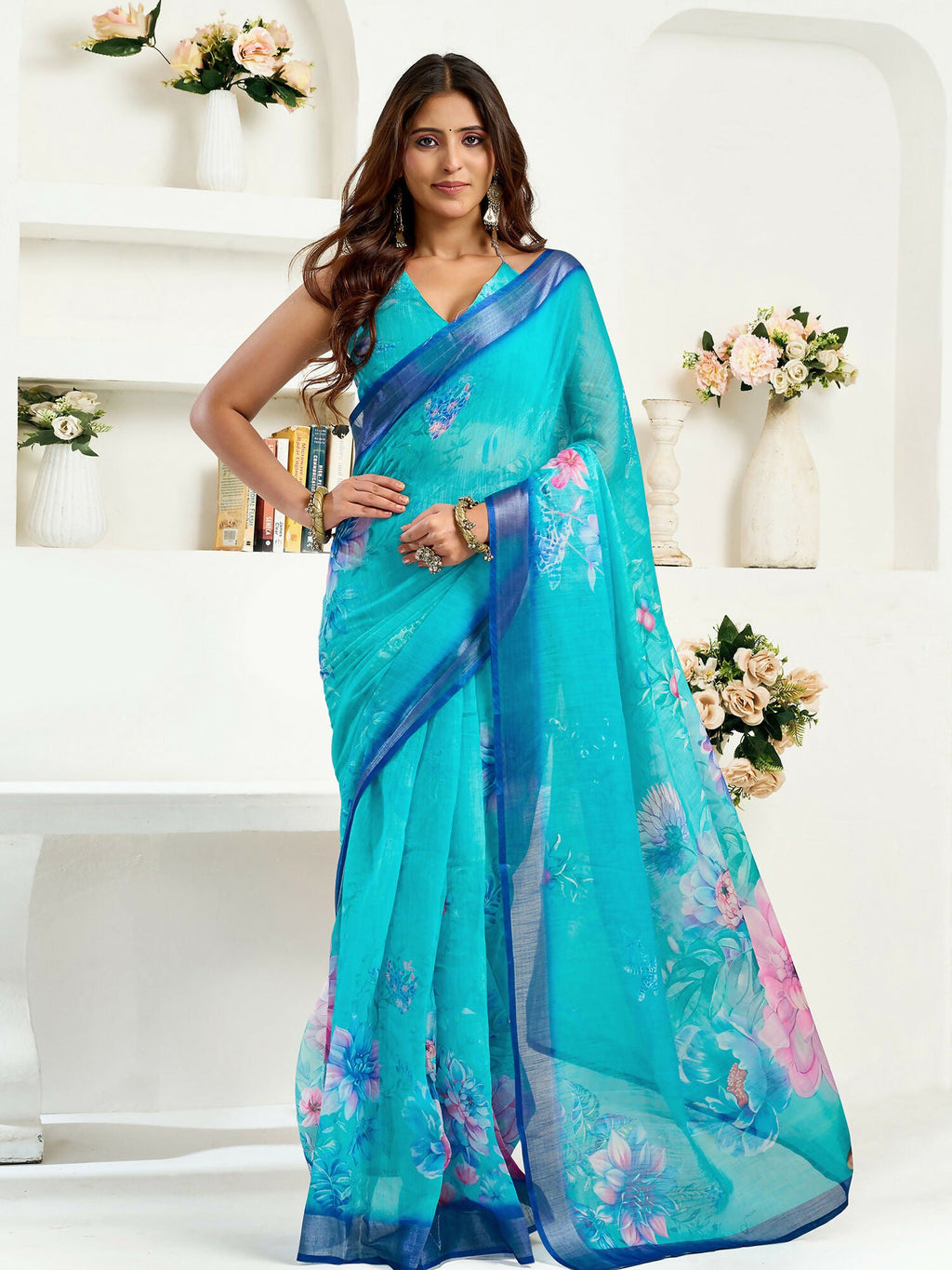 Joban Fashion Turquoise  Floral Linen Ready To Wear Saree With Unstitched Blouse | Grocsy