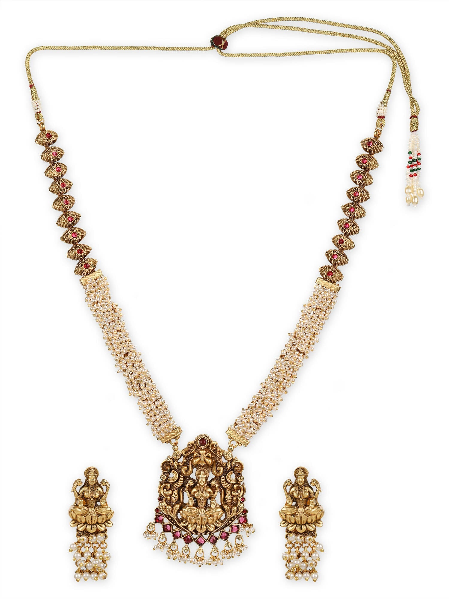 Gold-Polished Pink White Stones-Studded Beaded Jewellery Set - Ruby Raang | Grocsy
