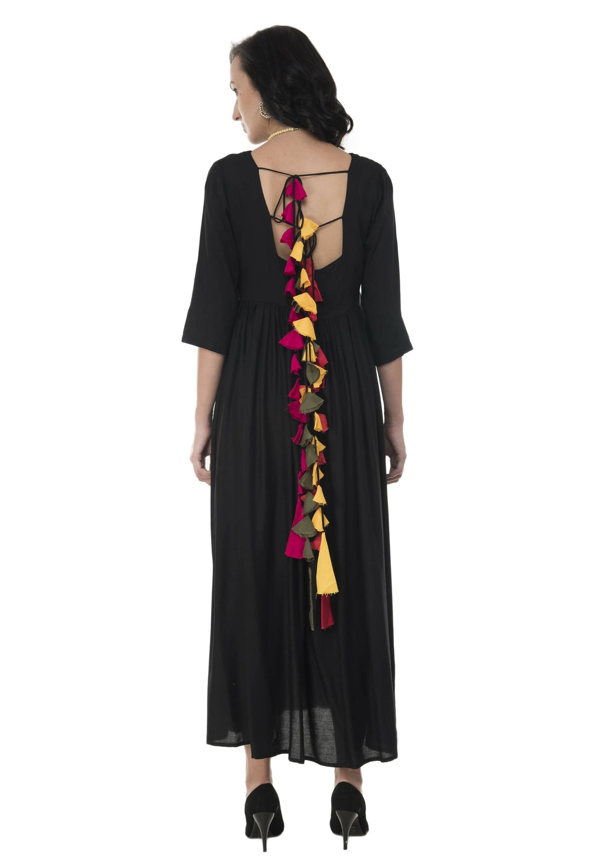 Women's Black Flared Kurti With Front Round Neck And Back Neck With Deep With Dori And Tassels - G & A Apparels | Grocsy
