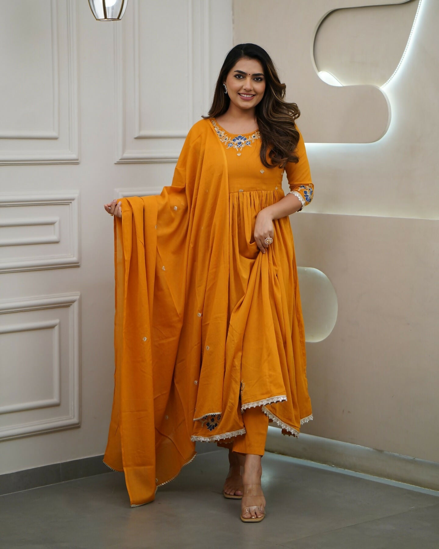 The52 Orange Women's Gorgeous Viscose Fabric Embroidered Work Flared Kurta Pant and Dupatta Set | Grocsy