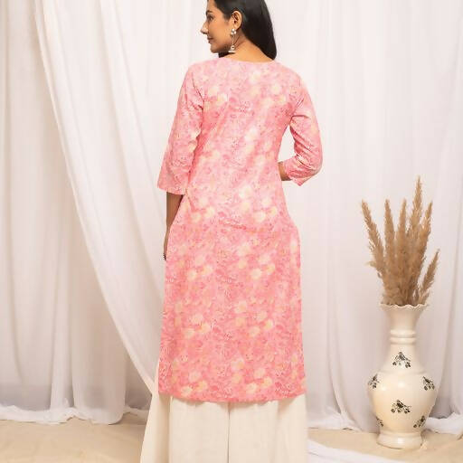 FIORRA Women's Floral Printed Peach Cotton Straight Kurta | Grocsy