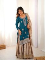 Lehenga Mart Designer Sharara Suit With Kurta, Sharara, Dupatta For Women-Teal Blue | Grocsy