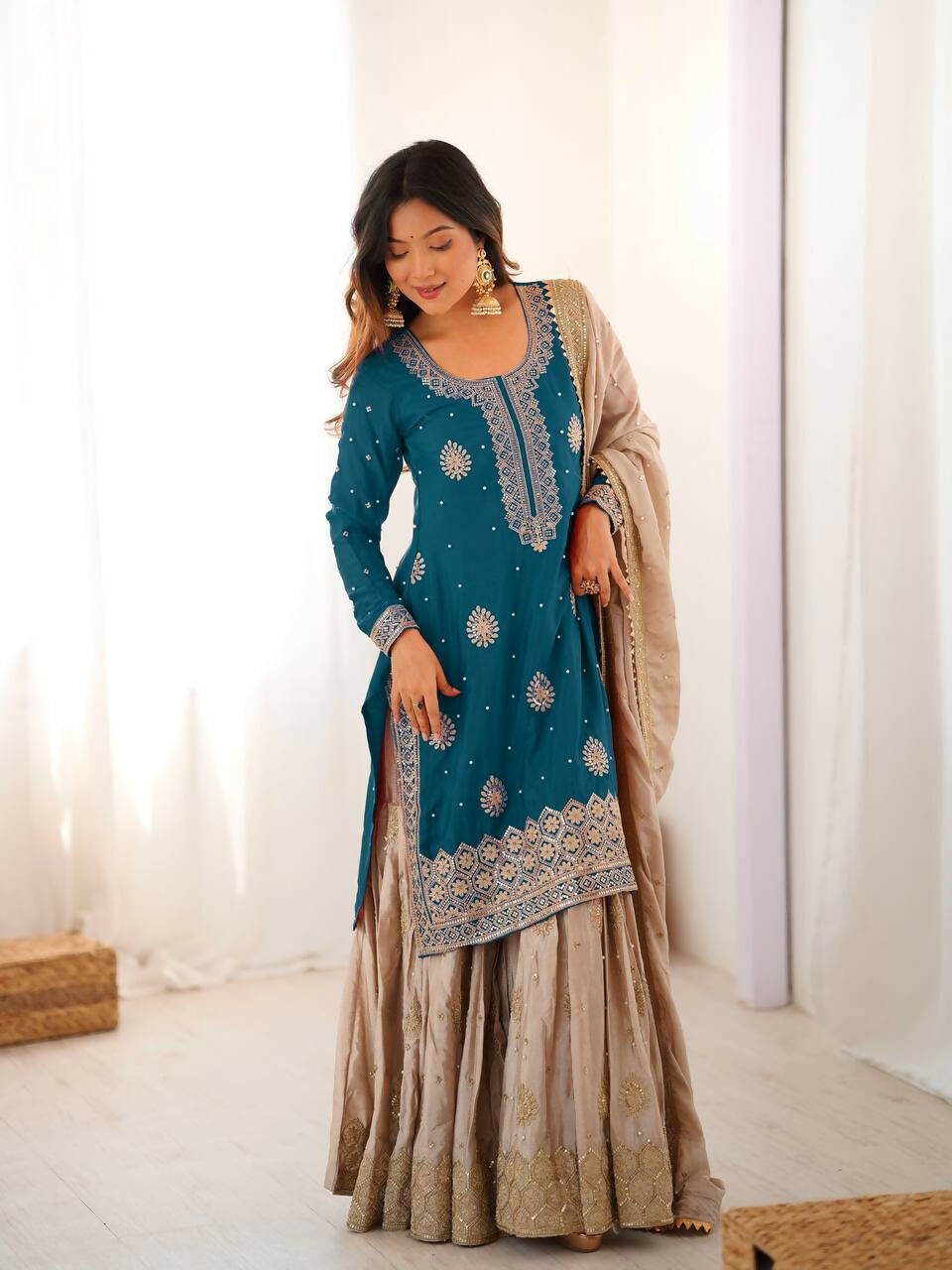 Lehenga Mart Designer Sharara Suit With Kurta, Sharara, Dupatta For Women-Teal Blue | Grocsy