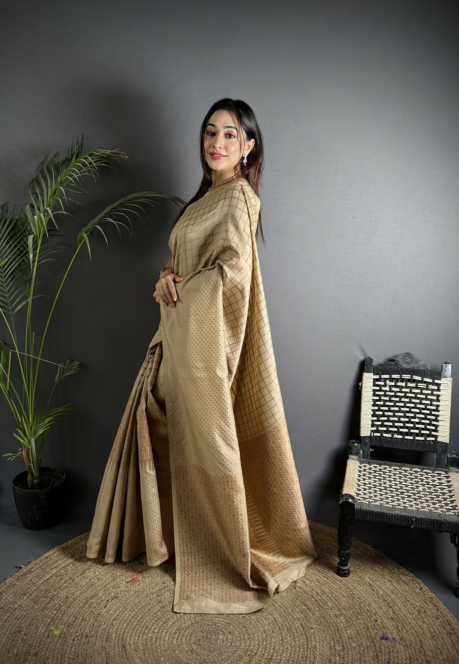 Joban Fashion Ivory Banarasi Soft Lichi Silk Checks & Woven Saree | Grocsy