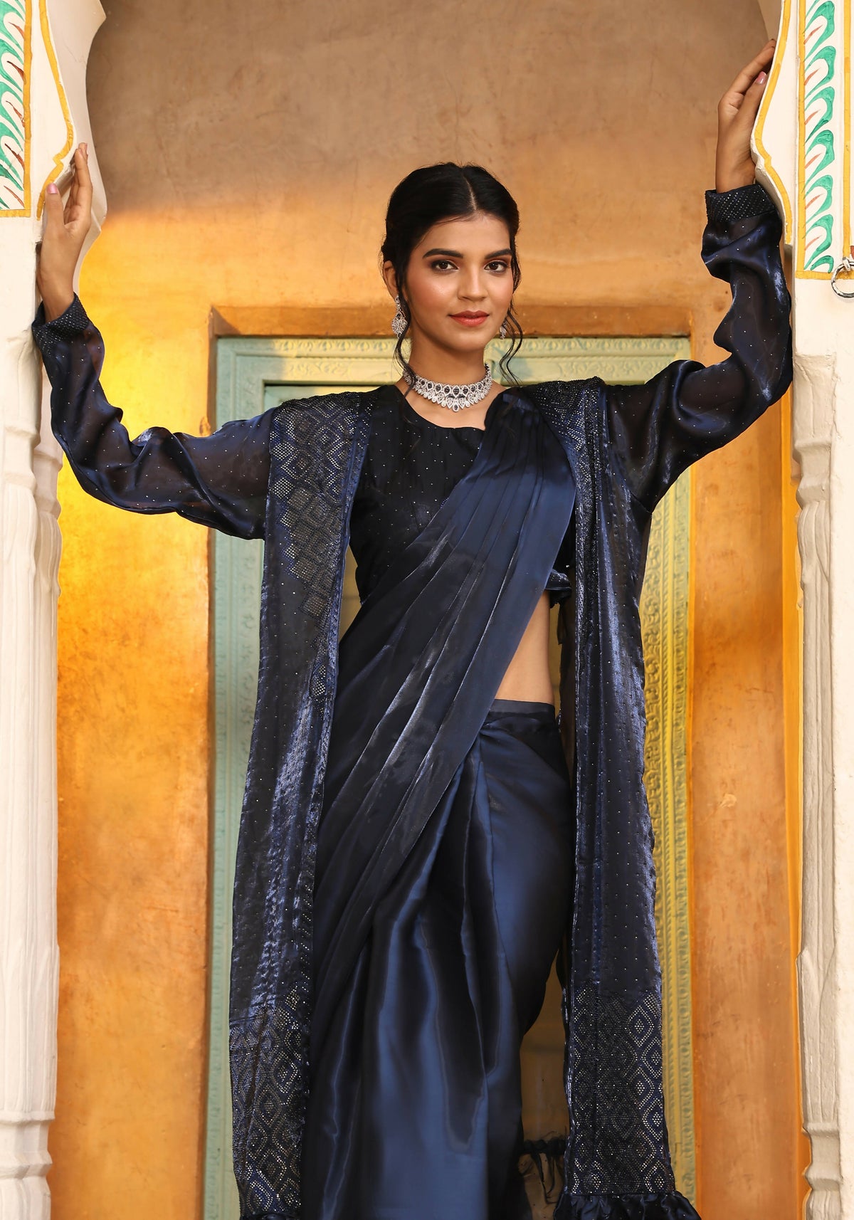 Navy Blue Tom Silk Plain Ready To Wear Saree With Stitched Blouse - Satiksha | Grocsy