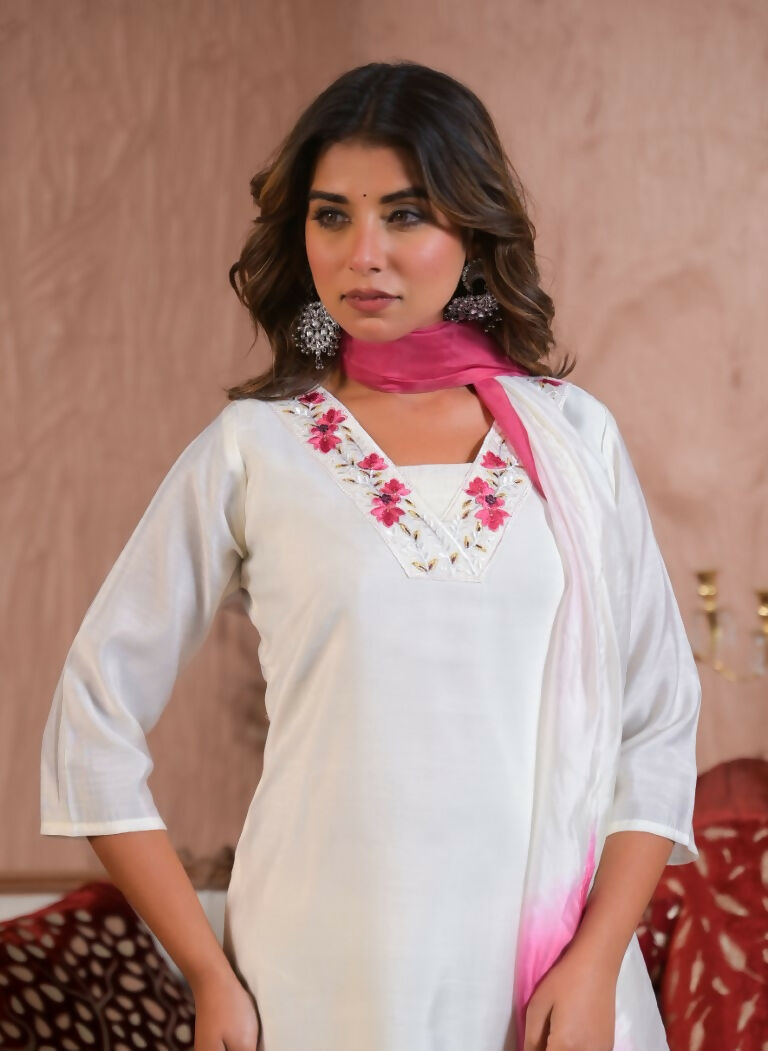 Ethnic Festive Wear Viscose Chanderi White Stitched Suit With Dupatta - Tanisha | Grocsy
