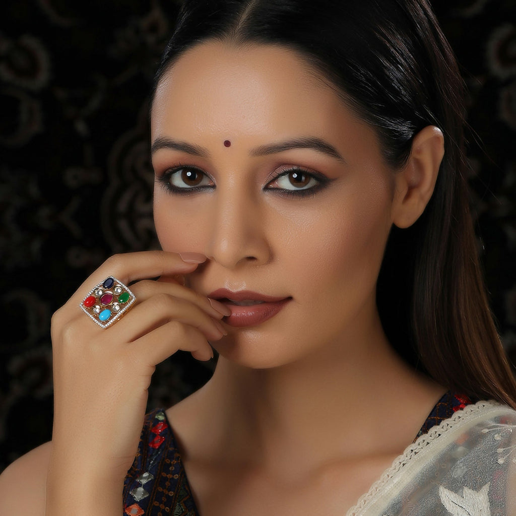 Navratan Kundan Ring (Multi Color) - Ruby Raang | Grocsy