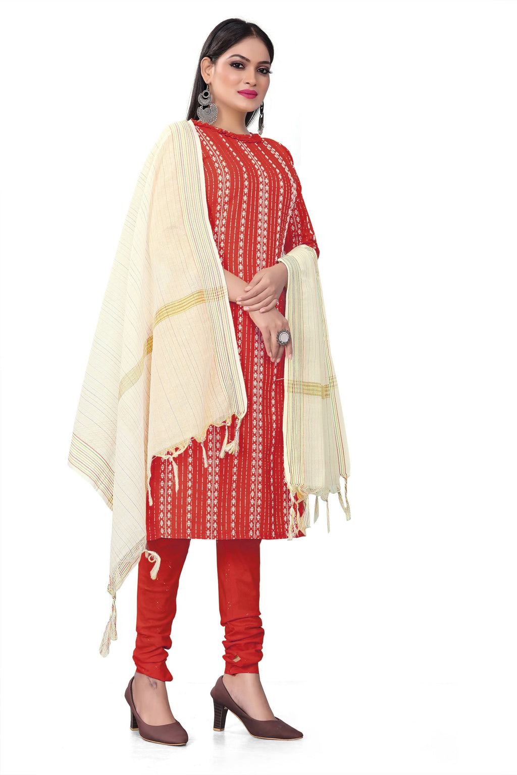 Red Cotton Jacquard Woven Unstitched Dress Material - Amara | Grocsy