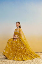 Aastha Fashion Mustard Yellow Butterfly Net Tone To Tone Cotton Thread Work And Sequence Work Embroidery Wedding Wear Lehenga Choli | Grocsy