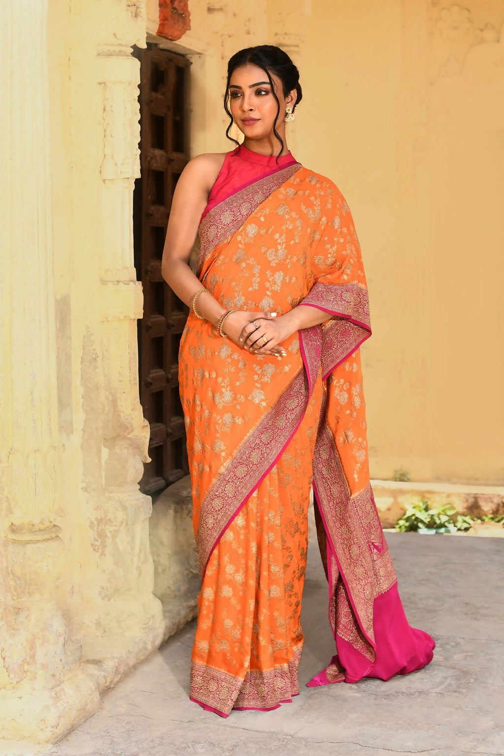 Joban Fashion Orange Crepe Chiffon Pure Handloom Banarasi Silk Saree | Grocsy