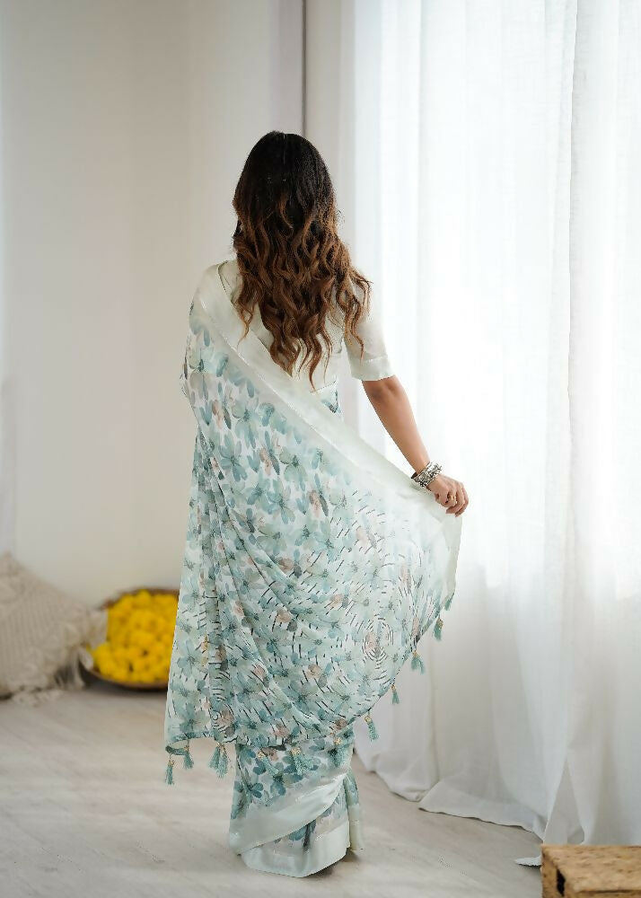 PR Fashion See_Green Bright Moss Satin Patta Printed Saree | Grocsy