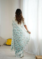 PR Fashion See_Green Bright Moss Satin Patta Printed Saree | Grocsy