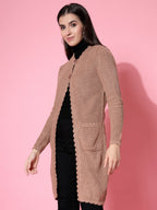 Women Self Design Long Brown Acrylic Winter Shrug - Wool Trees | Grocsy