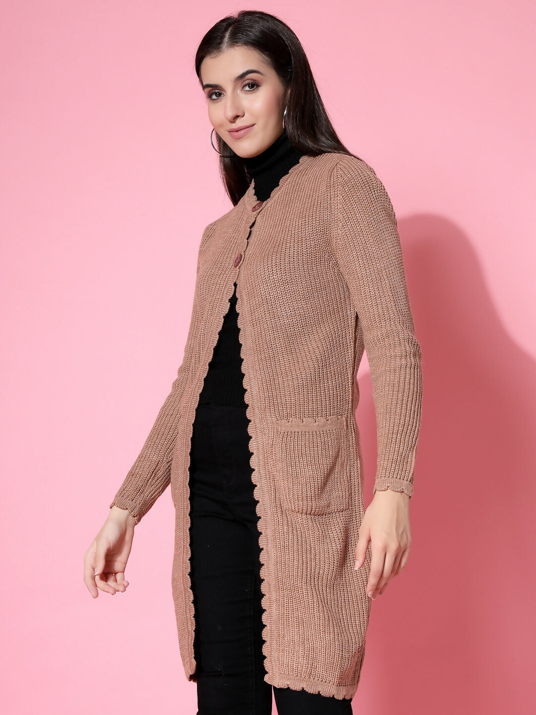Women Self Design Long Brown Acrylic Winter Shrug - Wool Trees | Grocsy