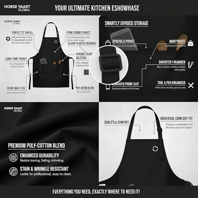 Horseyaart Professional Waterproof Apron For Kitchen/Chef-Black | Grocsy
