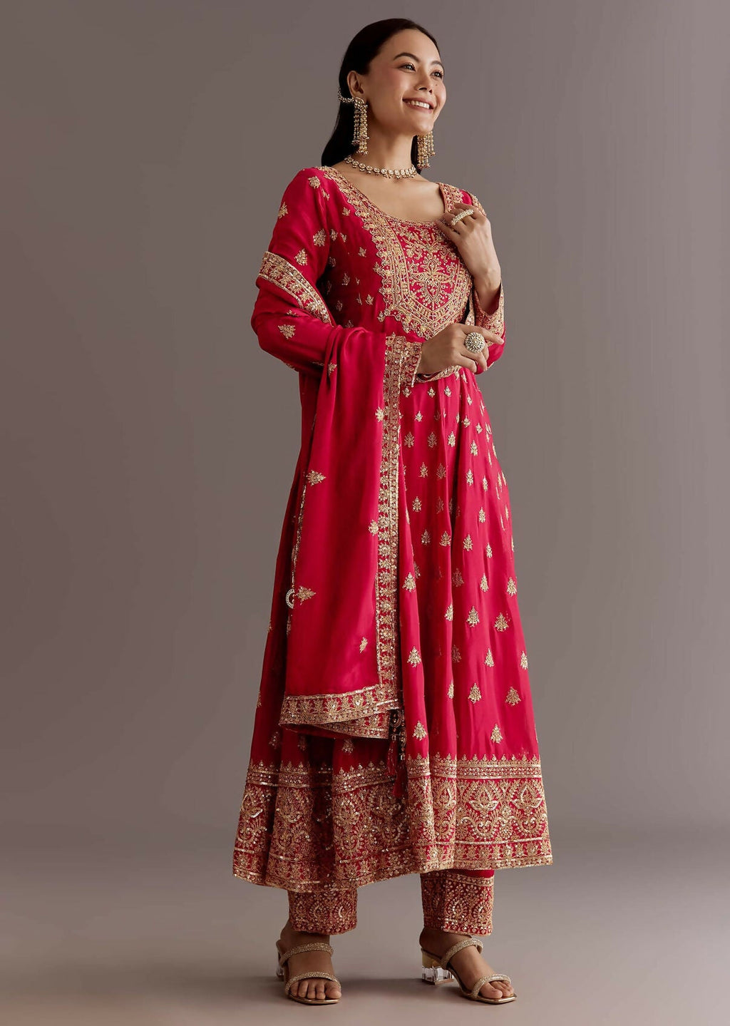 Teeya Creation Red Color Chinnon Silk Embroidery Work Gown | Grocsy