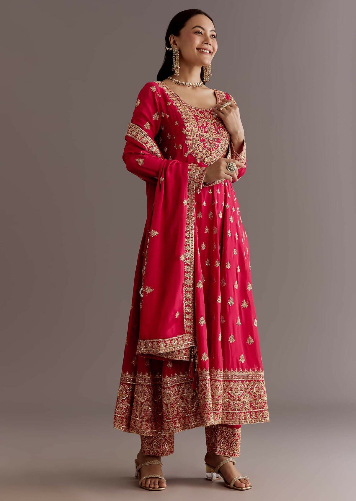 Teeya Creation Red Color Chinnon Silk Embroidery Work Gown | Grocsy