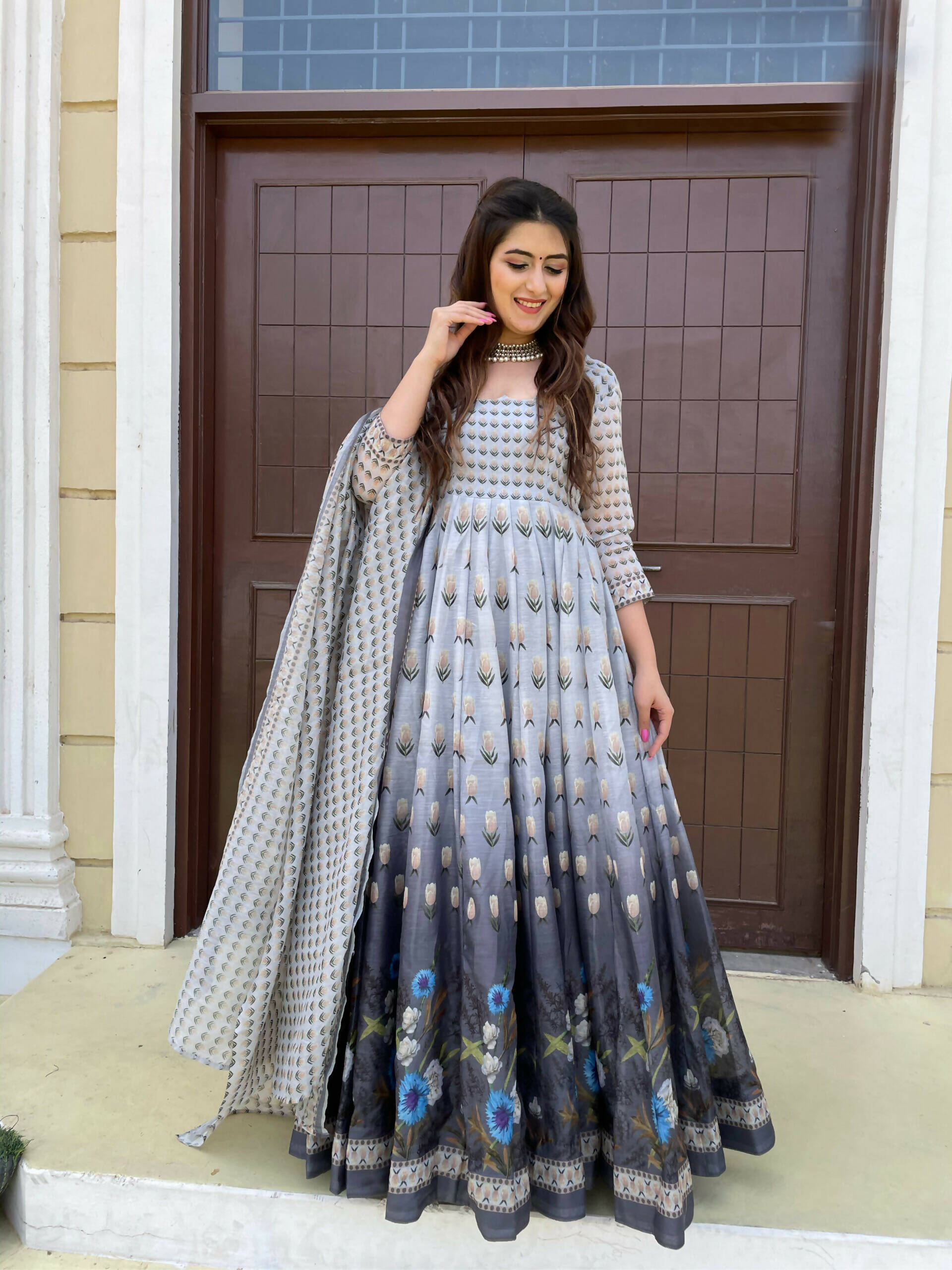 Partywear Designer Gray Chanderi Suit - Anbazaar | Grocsy