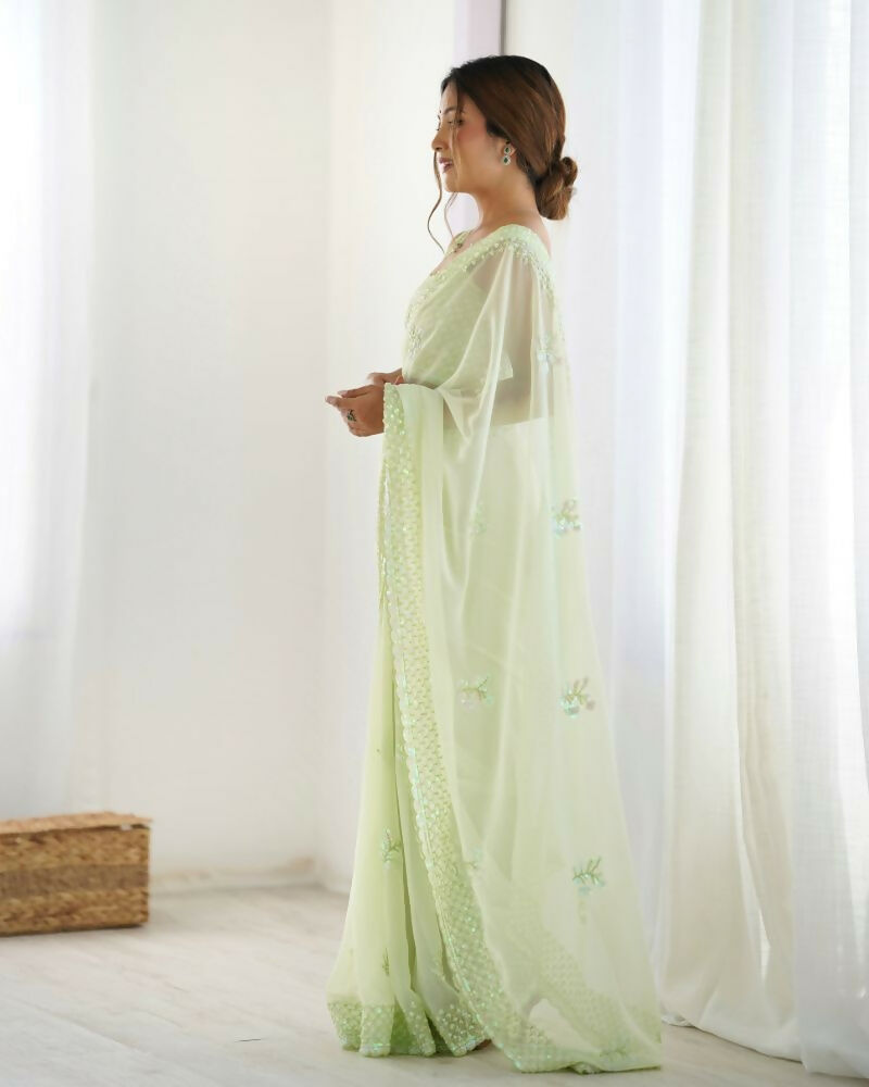 Attractive Looking Georgette Thread, Sequance Embroidery Work Party Wear Saree - Pista | Grocsy