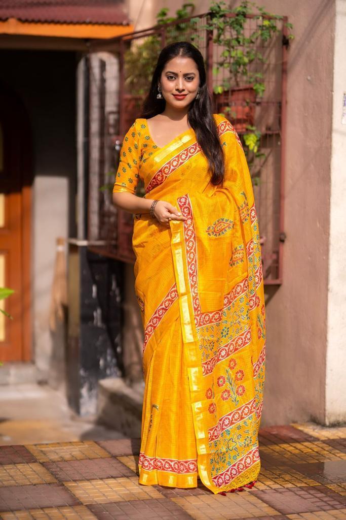 Mustard Silk Blend Geometric Saree with Unstitched Blouse - A2M | Grocsy
