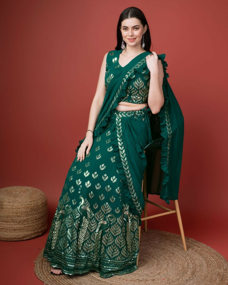 Green Georgette Sequence Embroidered Lehenga Choli with Dupatta - Tanya | Grocsy