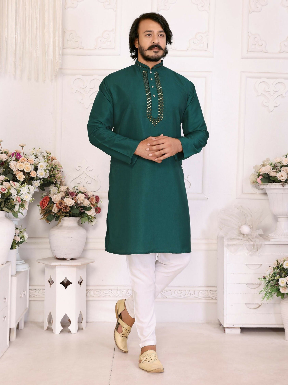 Anaita Green Silk Straight Kurta With Neck Mirror Work | Grocsy