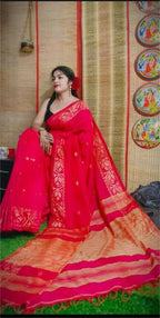 Exclusive Collection Beautiful Red Pure Cotton Woven Handloom Saree With Running Blouse Piece | Grocsy