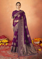 Purple Kanjivaram two tone Silk Woven Design Saree With Unstitched Blouse Piece - Norita Royal Pradha | Grocsy