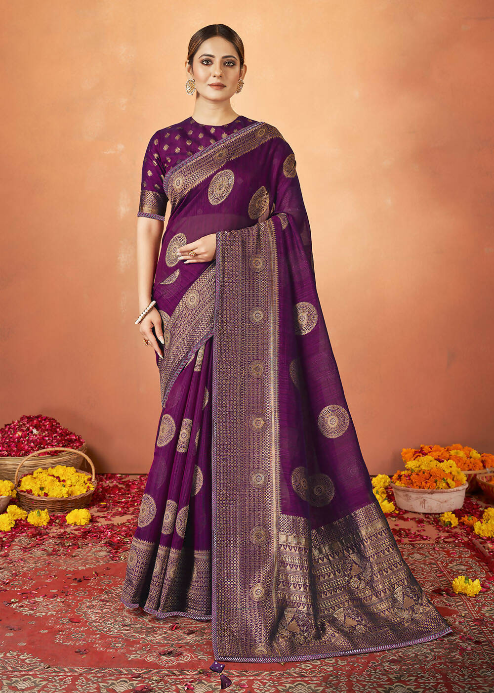 Purple Kanjivaram two tone Silk Woven Design Saree With Unstitched Blouse Piece - Norita Royal Pradha | Grocsy
