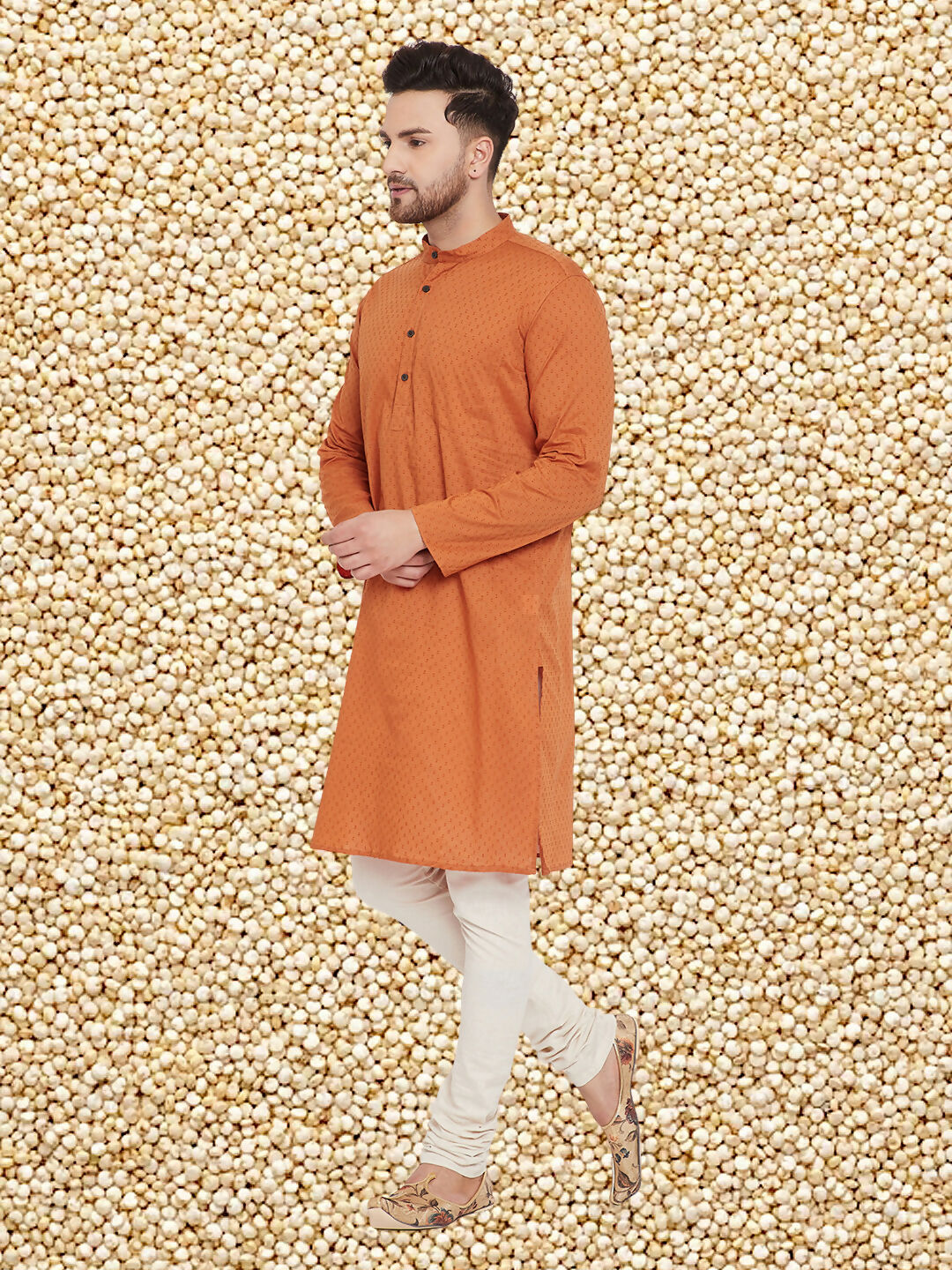 Even Apparels Men's Orange Emboided Cotton Kurta | Grocsy