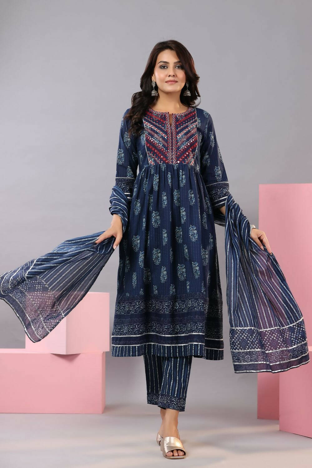 Juniper Women Indigo Cotton Cambric Batik texture Printed Kurta, Pants and Dupatta Set | Grocsy