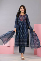Juniper Women Indigo Cotton Cambric Batik texture Printed Kurta, Pants and Dupatta Set | Grocsy
