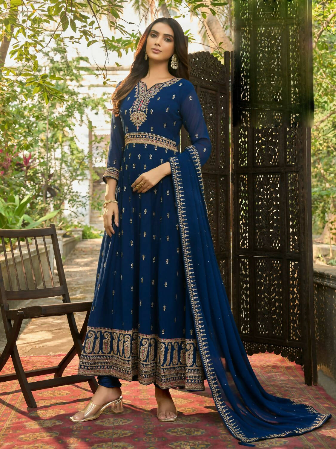 Blue Heavy Faux Georgette Anarkali Embroidered Kurta Set - Dhvani | Grocsy