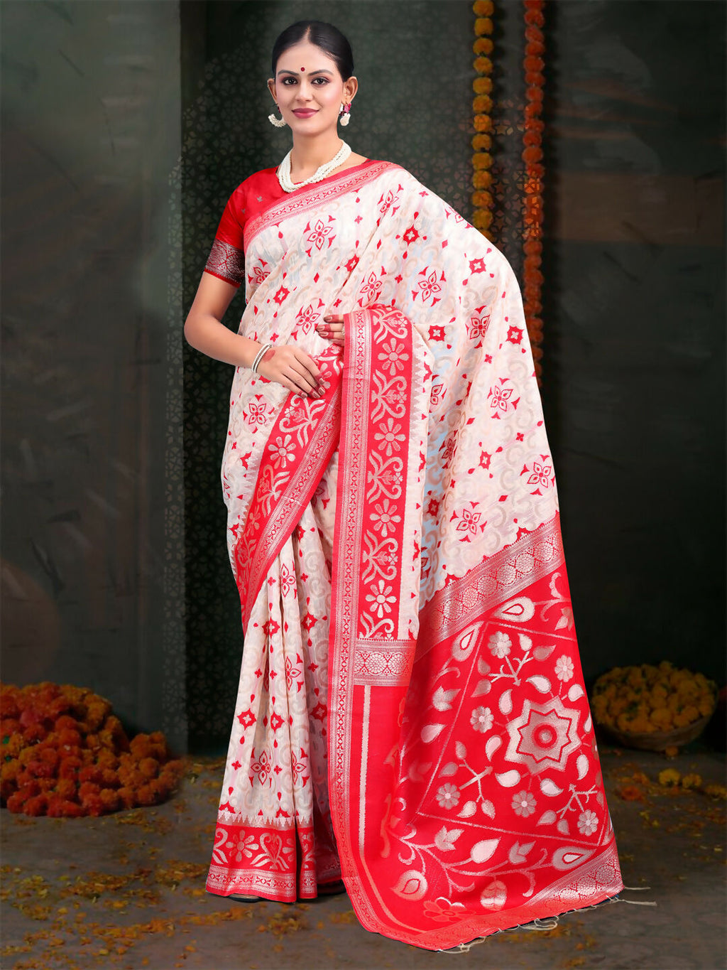 Shree Shyam Fashion Devistuti Red White Linen Cotton Saree | Grocsy
