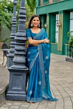 Vastranavya Sea Blue Embroidery Work Shimmer Chiffon Saree with Unstitched Blouse | Grocsy