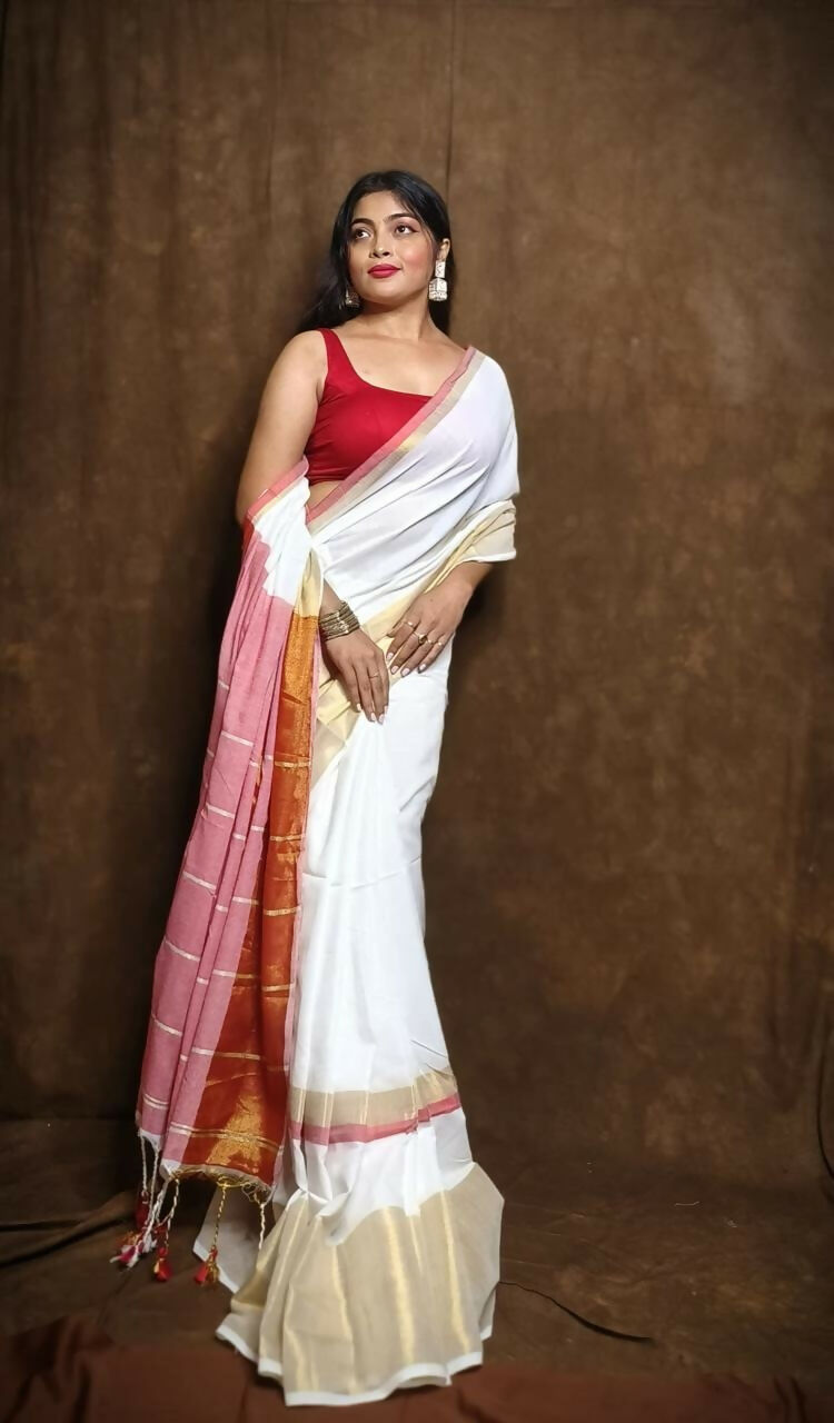 Exclusive Collection White Red Pure Cotton Handloom Gorgeous Saree | Grocsy