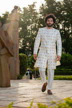 Irenic White Sherwani Set by Hilo Design | Grocsy
