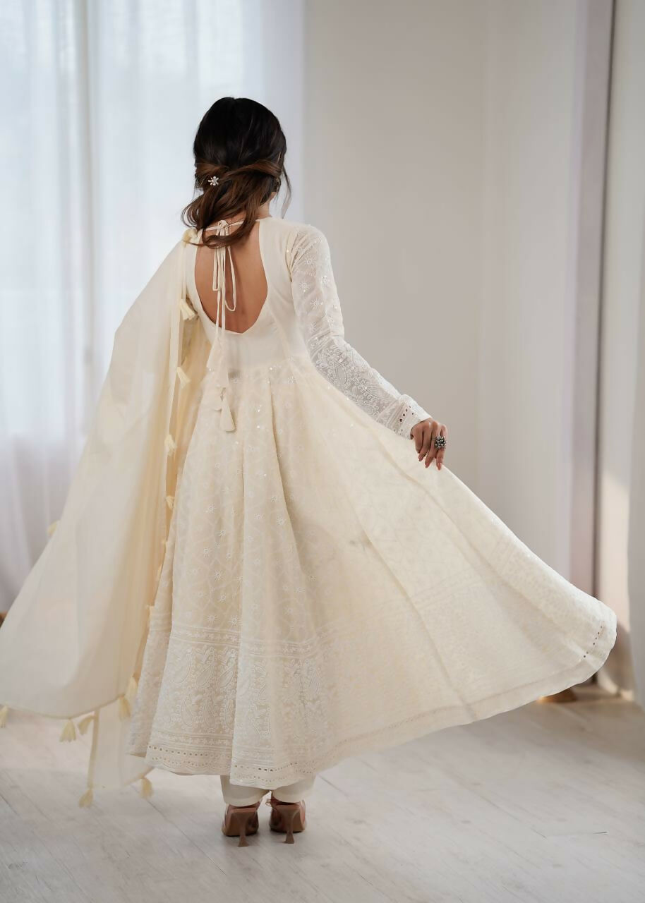 Teeya Creation Cream Kora Cotton Designer Embroidery Work long Gown | Grocsy