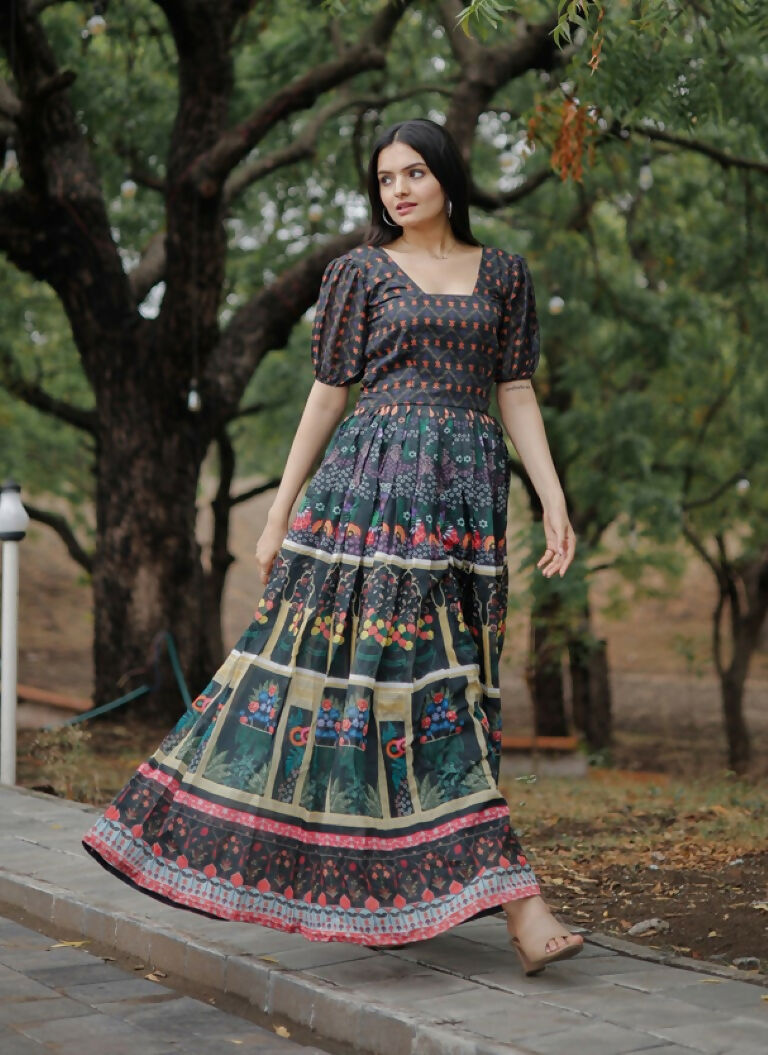 Jyoti Fashion Women's Black Heavy Digital Printed Pure Chanderi Anarkali Dress | Grocsy
