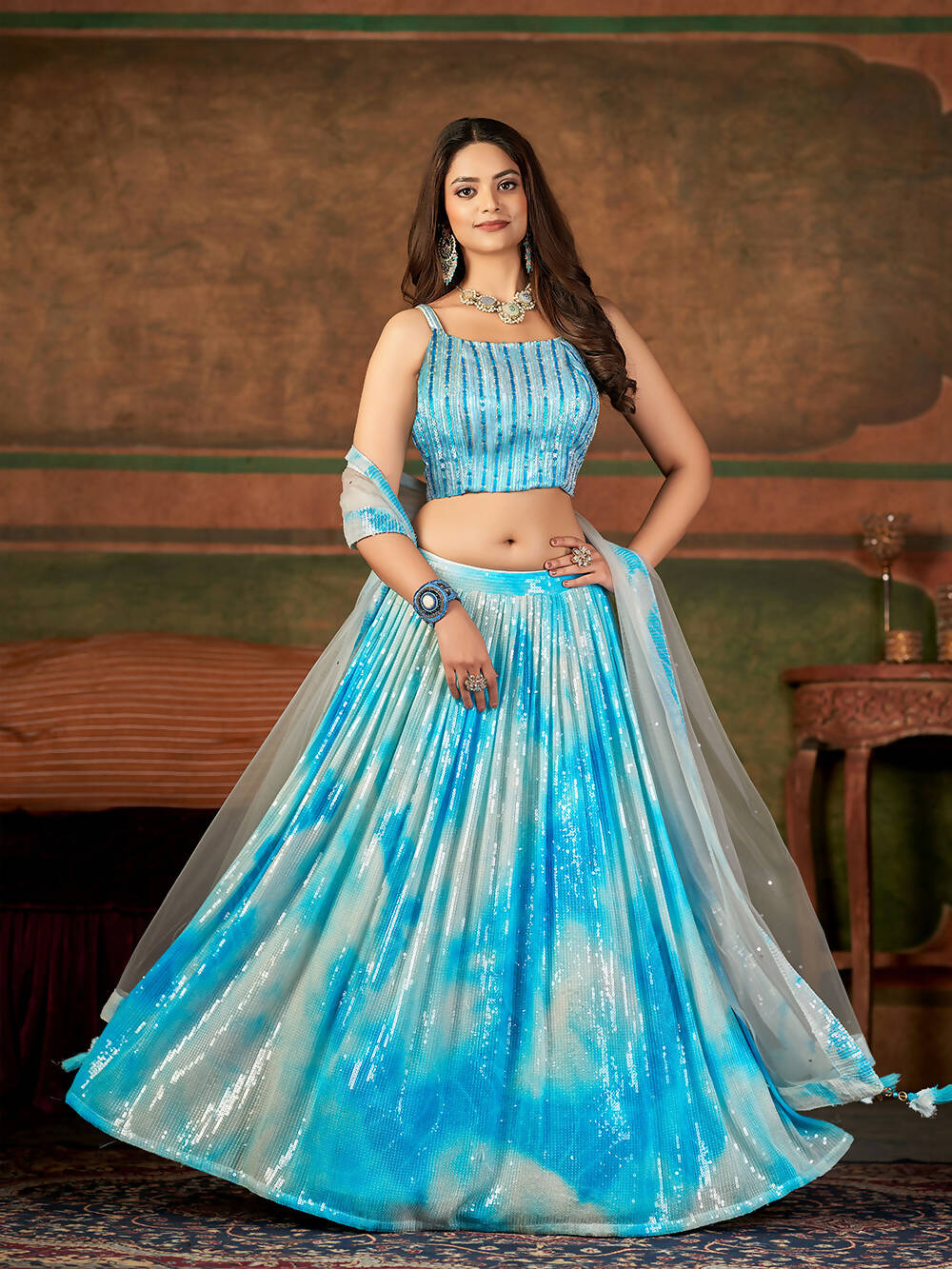 Wedding Designer Sky Nylon Georgette Readymade Lehenga Choli - Anbazaar | Grocsy