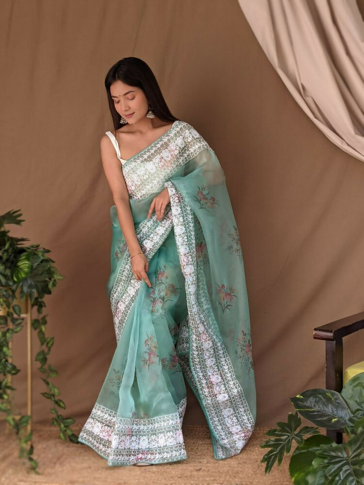 Vamsee White Border C-Green Organza Saree | Grocsy