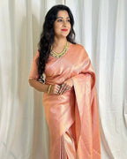 DEIANA'S Beautiful Designer Golden zari Soft Lichi Silk Saree - Peach | Grocsy