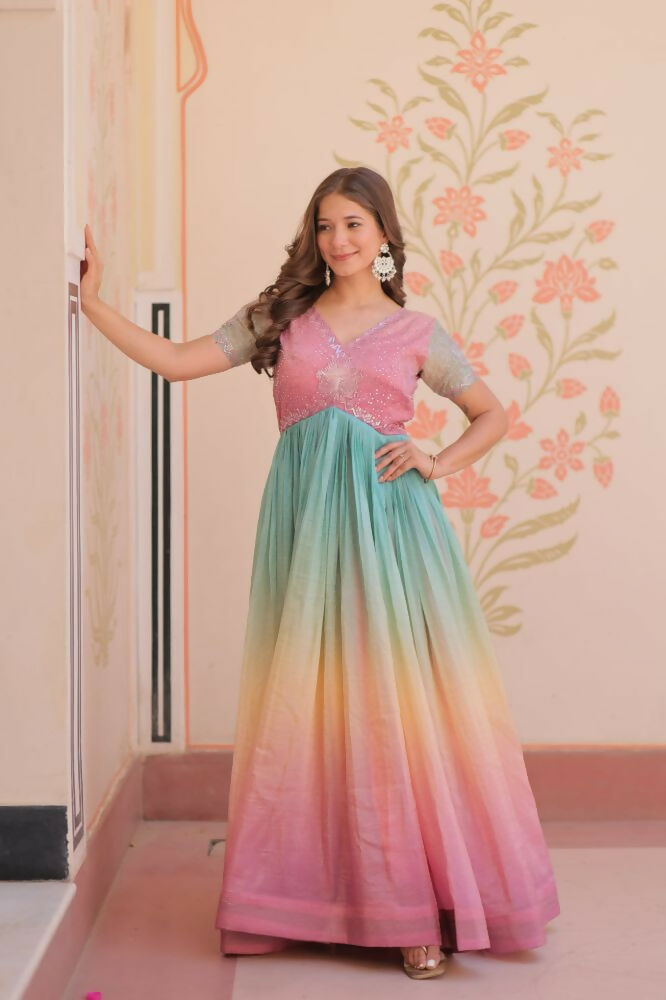 Vastranavya Lavender Gold Crush Padding With Beads Embroidered Work Gown | Grocsy