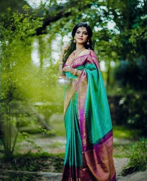 DEIANA'S Beautiful Designer Golden zari Soft Lichi Silk Saree - Sky | Grocsy