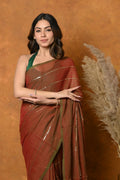Very Much Indian Designer Mul Cotton Handloom Saree with Sequins - Dual Tone Red Green | Grocsy